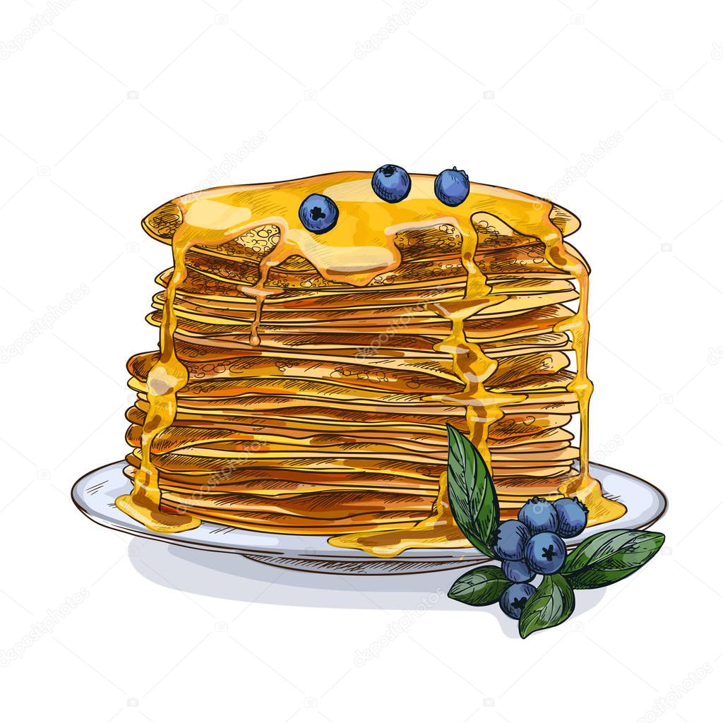 The stack of pancakes with honey and blueberries