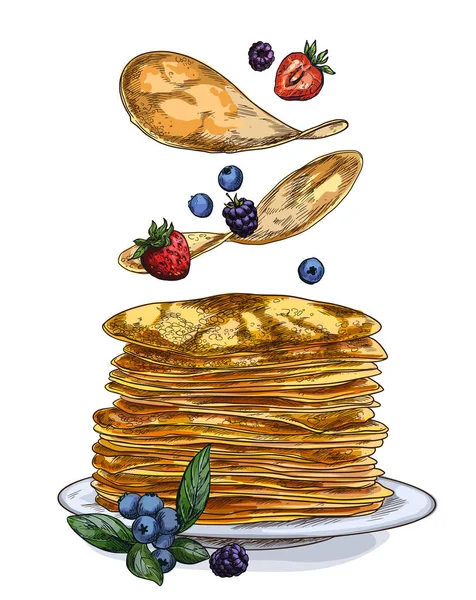 Pancakes and berries falling on the stack — Stock Vector