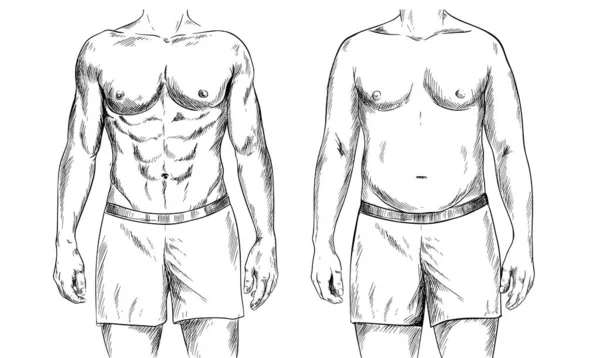 Twee mannen lichamen, fit en dik, inkttekening, — Stockvector