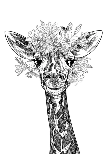 Retrato de girafa bonito com flores em sua cabeça — Vetor de Stock