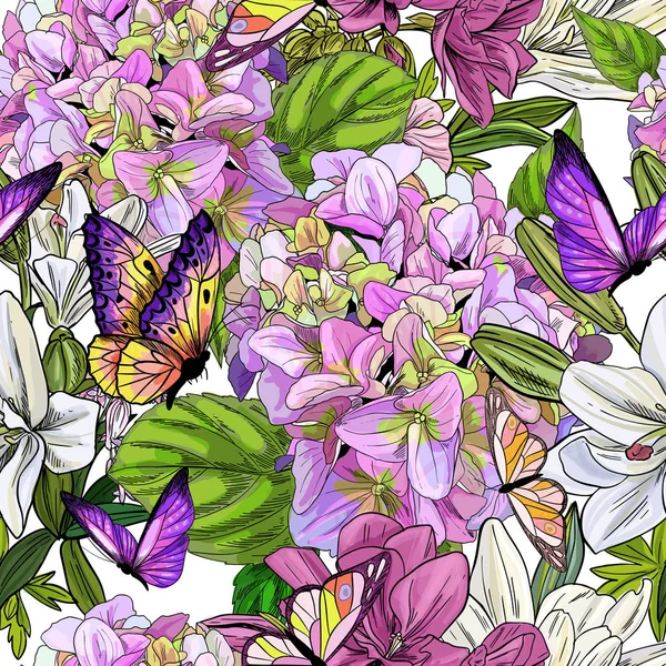 蝶や花、シームレスなパターン、明るい夏の庭 — ストックベクタ