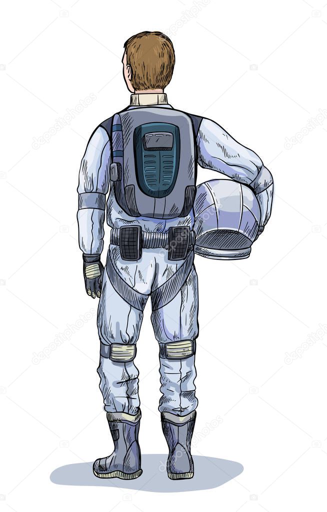 Male astronaut with helmet in hand, back view