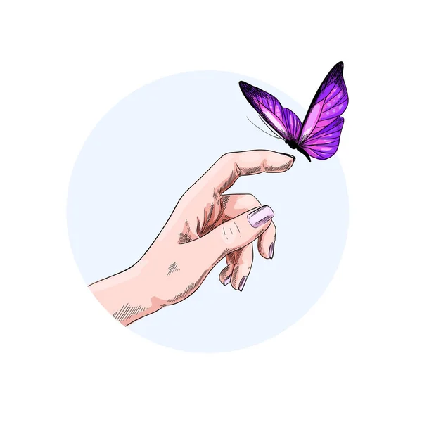 Butterfly flying to the finger of girl hand, color — Stock Vector