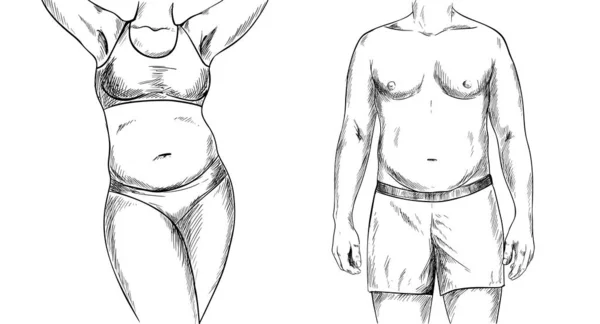 Sobrepeso casal, homem e mulher torso, esboço —  Vetores de Stock