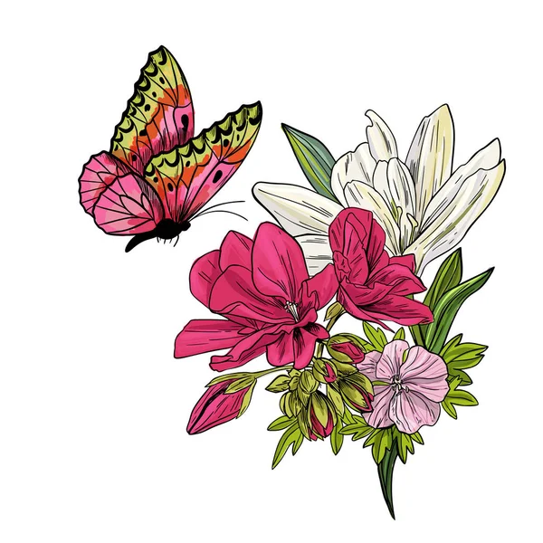 Farfalla che vola sopra su lillies e begonia — Vettoriale Stock