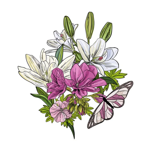 Farfalla che vola sopra su lillies e begonia — Vettoriale Stock