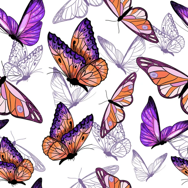 Violette und orangefarbene Schmetterlinge, farbige Skizze — Stockvektor