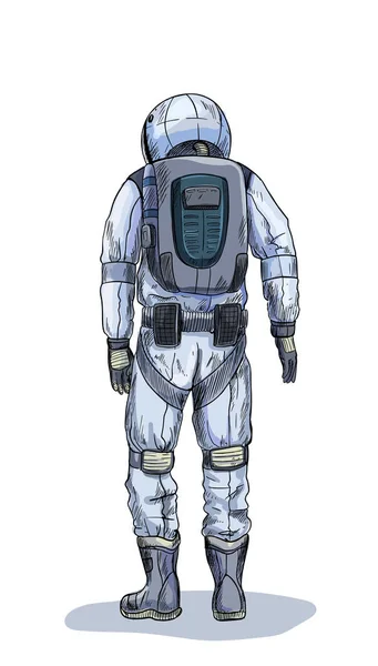 Astronot dalam pakaian ruang angkasa, tampilan belakang, warna penuh - Stok Vektor