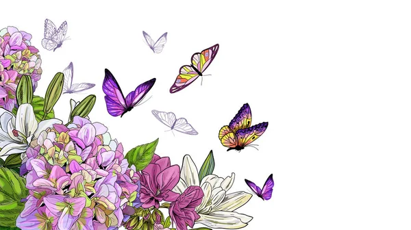 Farfalle e fiori, gigli e ortensie, a colori brillanti — Vettoriale Stock