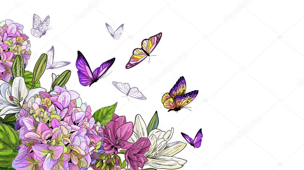 Butterflies and flowers, lilies and hydrangeas, bright full color