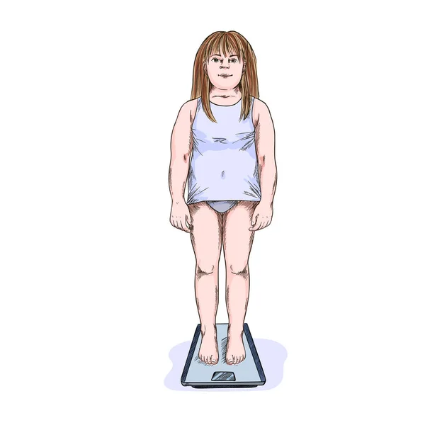 Sobrepeso chica de pie en la balanza, dibujado a mano — Vector de stock