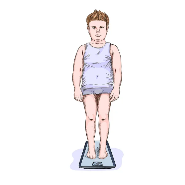 Surpoids garçon debout sur les échelles, dessiné à la main — Image vectorielle