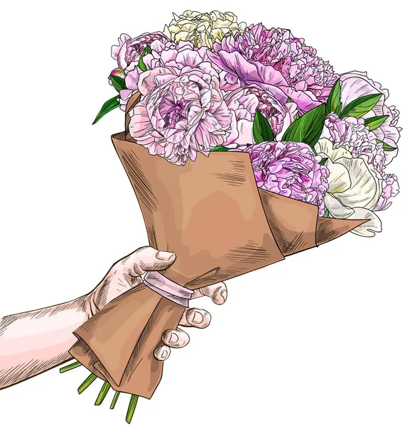 มือถือดอกไม้ดอกโบตั๋นเขียวชอุ่มห่อในงานฝีมือ — ภาพเวกเตอร์สต็อก