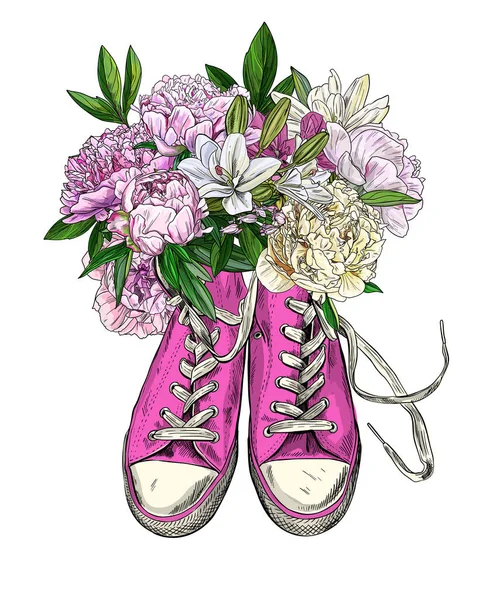 Sneakers vintage rosa con peonie, bouquet di lusso fresco — Vettoriale Stock
