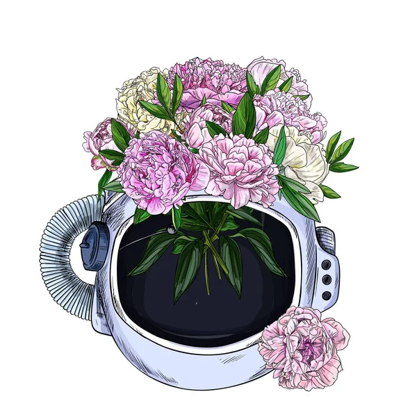 宇宙飛行士のヘルメットに牡丹の花束、宇宙花瓶 — ストックベクタ