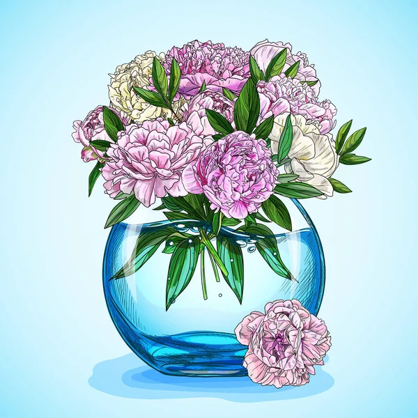 Lussureggiante bouquet di peonie rosa in una boccia di pesce blu — Vettoriale Stock