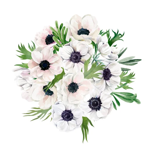 緑豊かなイソギンチャクの花束、トップビュー、白い花、手描き — ストックベクタ