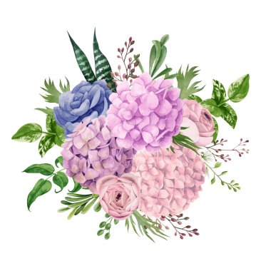 Pembe ortanca buketi, üst manzara, el çizimi.