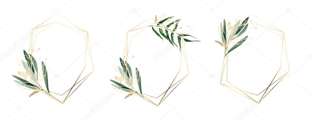 Three golden frames decorated with watercolor floral elements