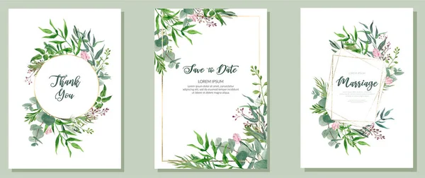 Set of three wedding cards, watercolor greenery and golden frames — Stock Vector