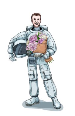 Kaskı ve çiçek buketini tutan astronot.