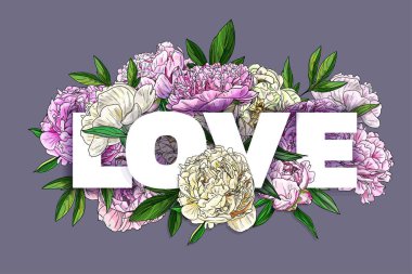 Modern poster, bereketli şakayıklar ve çiçek dizaynı arasındaki kelime.