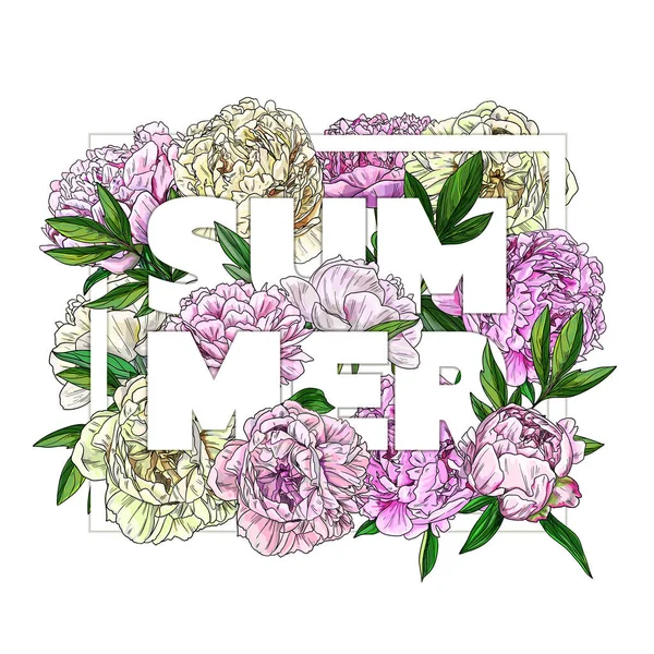 Современный плакат, слово между пышными пионами, цветочный дизайн — стоковый вектор