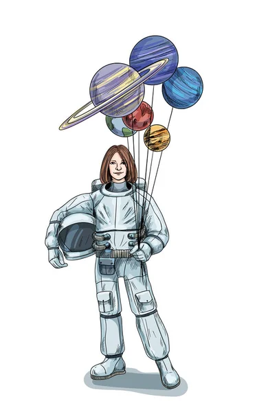 Astronaut mit Helm und Planeten als Luftballons — Stockvektor