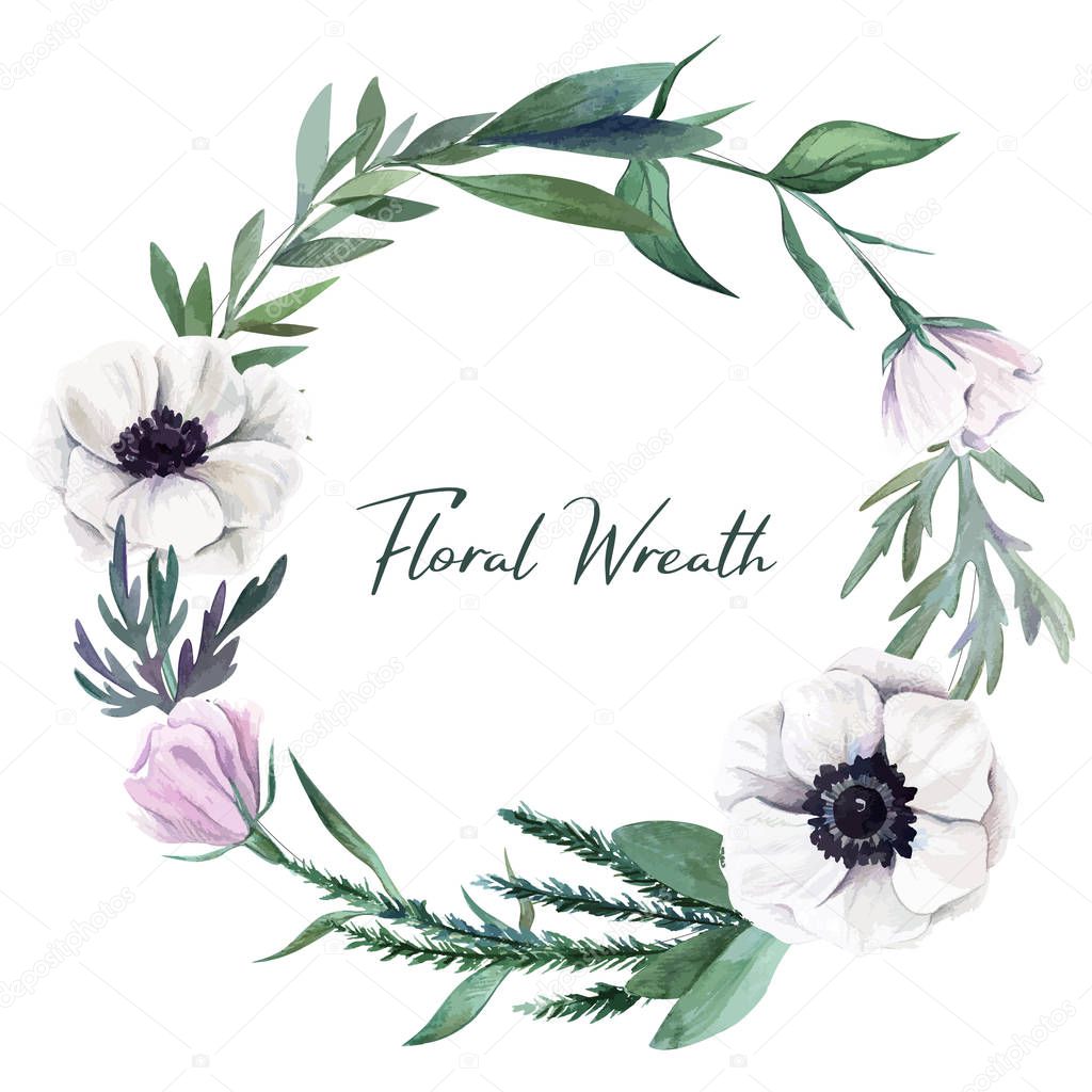 Botanical round wreath, watercolor hand drawn vector illustration