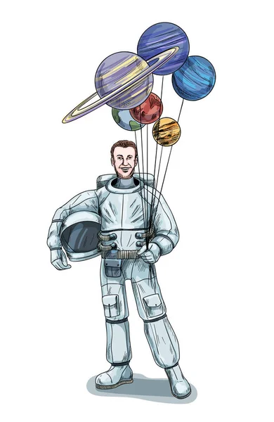 Astronaut mit Helm und Planeten als Luftballons — Stockvektor