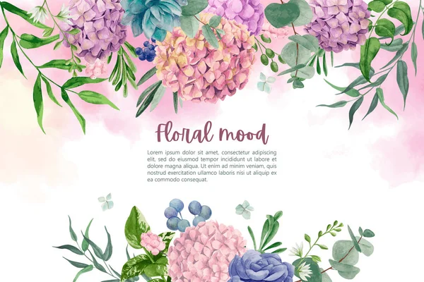 Sfondo acquerello bagnato con ortensia fiori e foglie — Vettoriale Stock