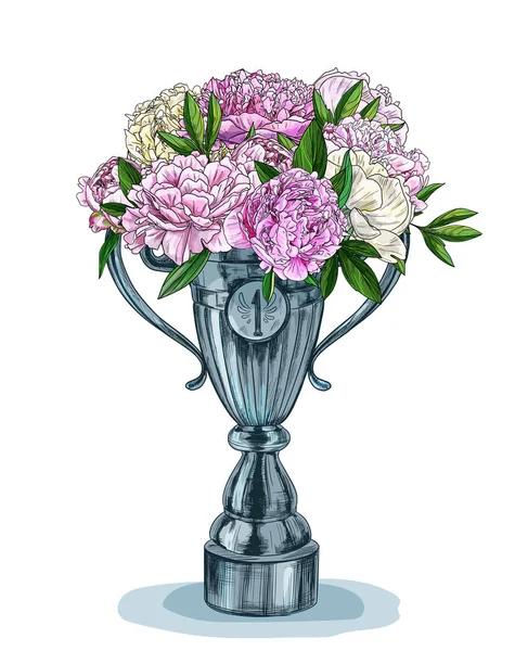 Coppa del trofeo con lussureggiante bouquet di peonie rosa in esso — Vettoriale Stock