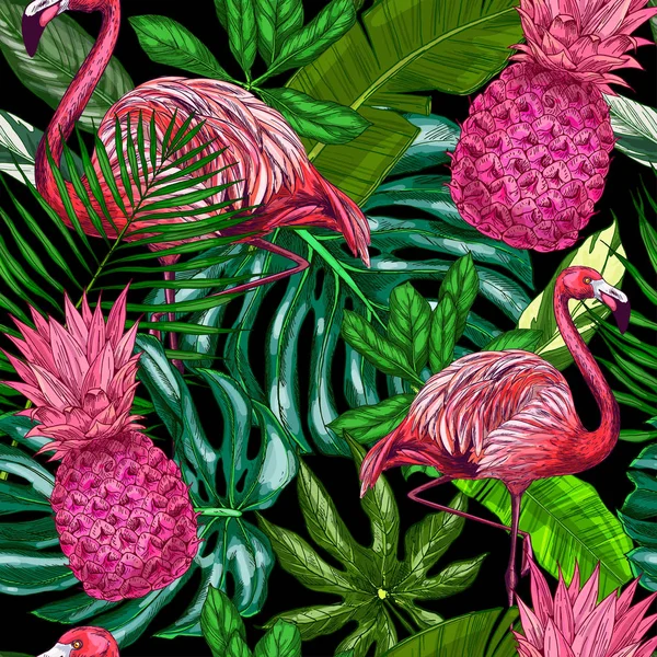 フラミンゴ、ピンクのパイナップルとヤシの葉が黒い背景にあります — ストックベクタ