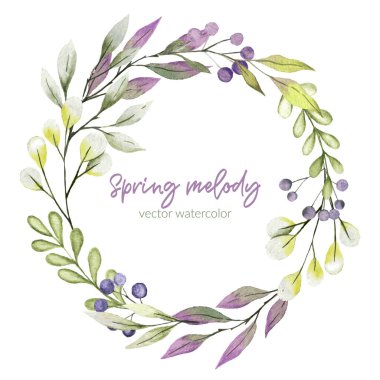 Suluboya yeşil çelenk, mor ve yeşil renkler