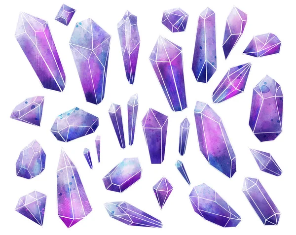 Collection de gemmes Galaxy, cristaux aquarelles humides, dessinés à la main — Image vectorielle