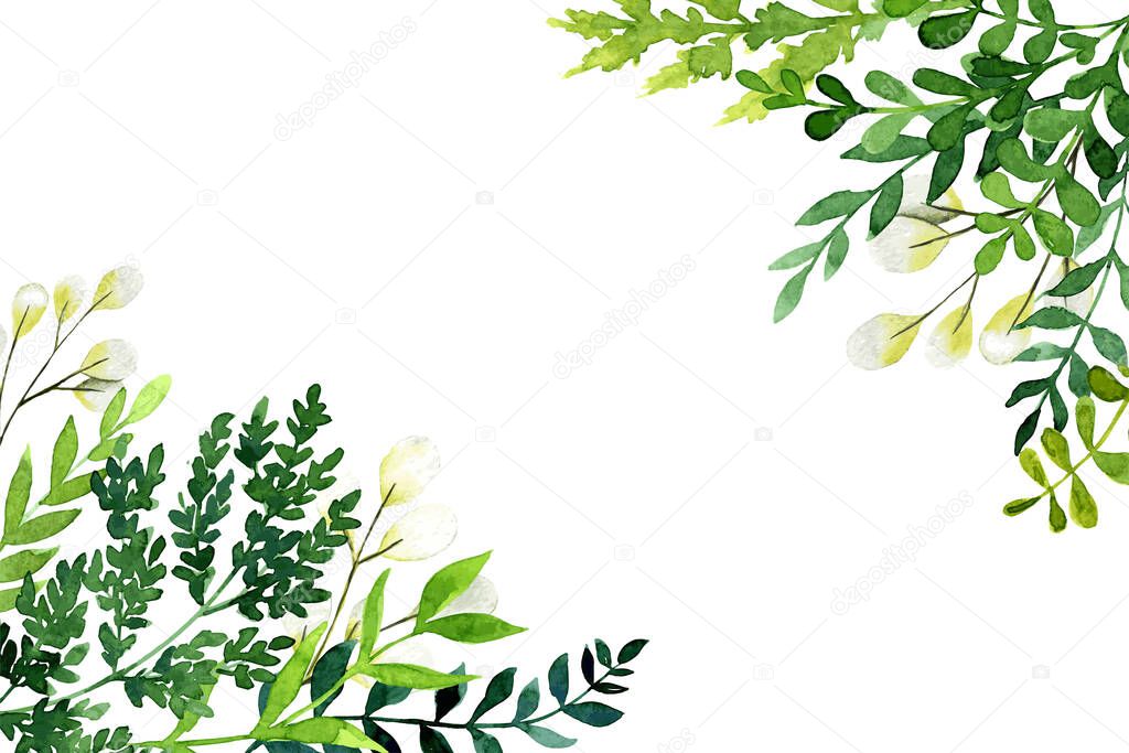 Corner botanical background, greenery with leaves and branches