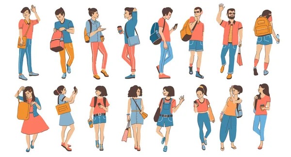 Set of young walking and chatting people — Stockvektor