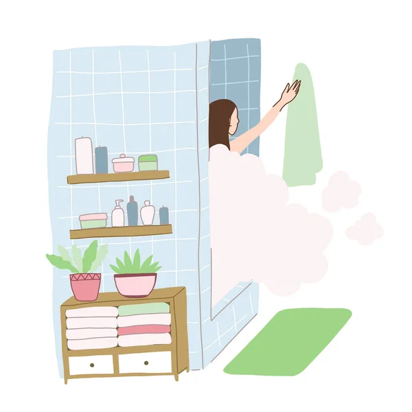 Young girl takes a shower with steam. — Stock Vector