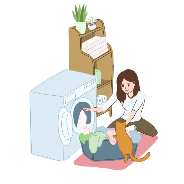 Young woman is laundering at home, housework — Stock Vector