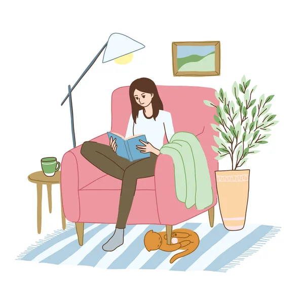 Young woman is relaxing in the armchair with book. — Stock Vector