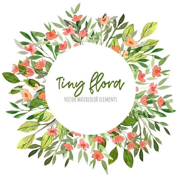 Greenery and red flowers, Round banner, watercolor tiny floral elements — Stock Vector