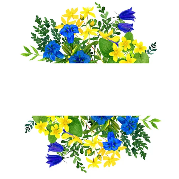 Dzikie kwiaty sztandar z polnymi kwiatami, żółty i niebieski — Zdjęcie stockowe