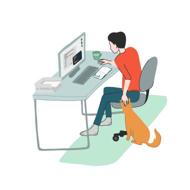 Genç adam evinde çalışıyor, masasında oturuyor.