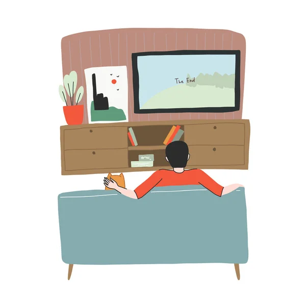 Jovem está assistindo TV com seu cachorro no sofá —  Vetores de Stock