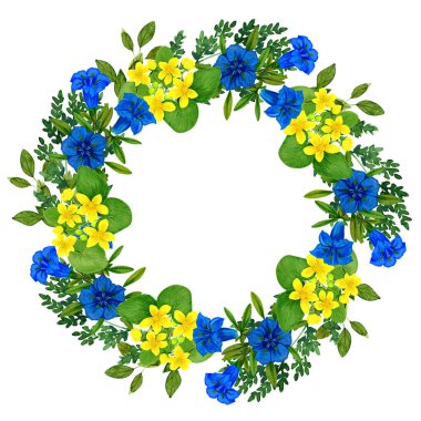 Kaltha gentian ve yeşil çiçekli yabani çiçekler.