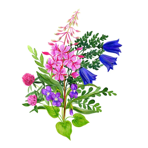 Mazzo di fiori selvatici, disposizione ad acquerello disegnato a mano . — Foto Stock