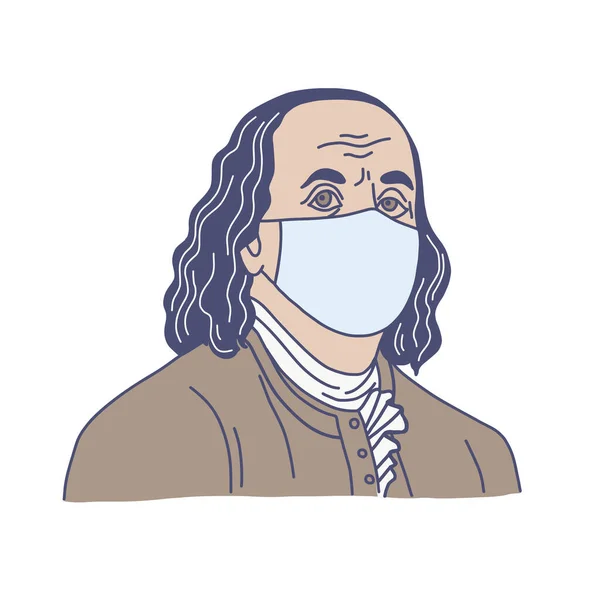 Ben Franklin en máscara médica, vector dibujado a mano — Archivo Imágenes Vectoriales