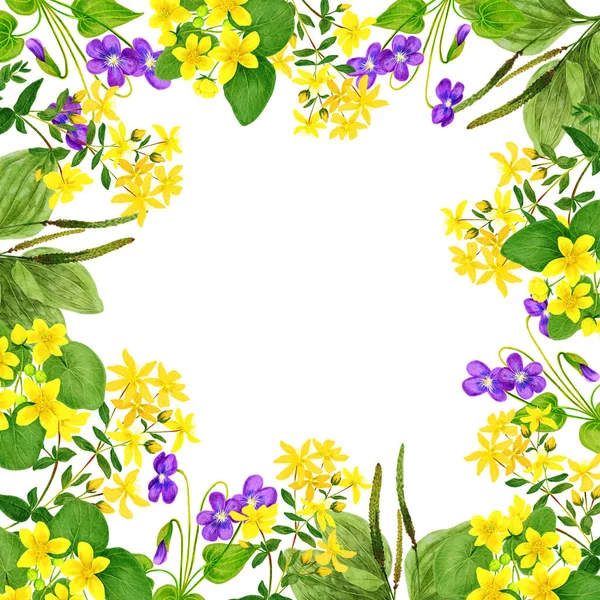 Acuarela flores silvestres, marco de borde, ilustración dibujada a mano —  Fotos de Stock