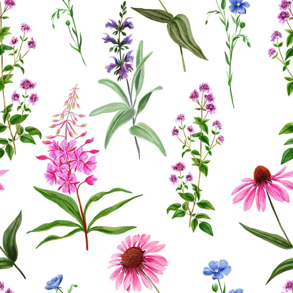 Aquarelle motif sans couture, fleurs des champs sauvages — Image vectorielle