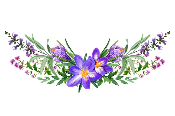 Campo salvaje flores violeta ramo, vector dibujado a mano — Vector de stock